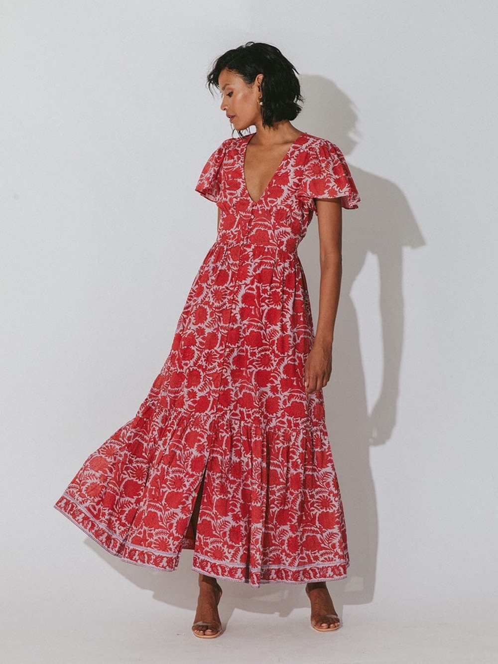 Cleobella Sasha NWOT L Red Floral V-Neck Tiered Maxi Dress